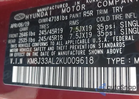 2019 Hyundai Tucson Limited/Sel/Sport/Ultimate/Value/Night z USA, uszkodzony, nr VIN KM8J33AL2KU009618